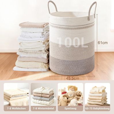 Myhommatto Wäschekorb 100L XXL Rund, Geflochten aus Baumwolle, mit Henkel