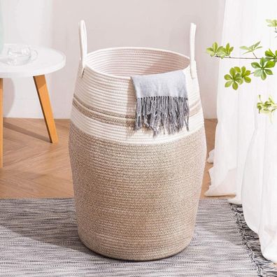 Youdenova Geflochtener Wäschekorb aus Baumwolle, 105L, Braun Streifen, mit