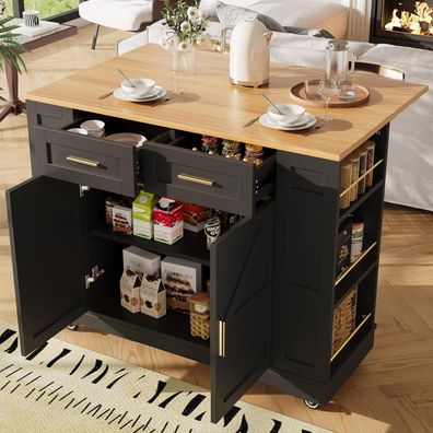 Küchenwagen 120x40-65x90 cm mit klappbarer Arbeitsplatte, 2 Schubladen und