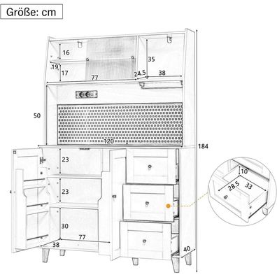 Küchenschrank Buffetschrank 184 cm mit Gläserhalter, Lochbrett, Steckdose & USB