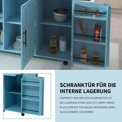 DRIXNO Kücheninsel freistehend mit klappbarer Arbeitsplatte, 5 Rollen, Ablage