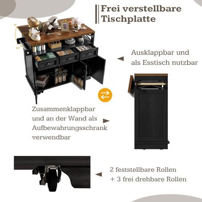 DRIXNO Kücheninsel (118x43x98cm) mit Rollen, Holzmaserung, Stauraum und