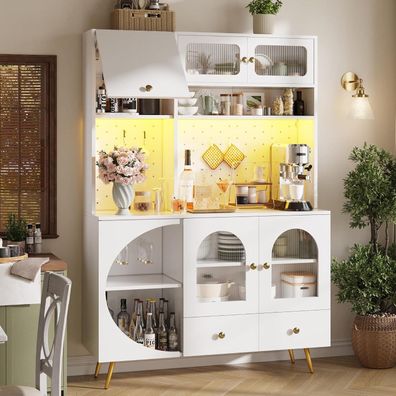 DRIXNO Küchenschrank mit LED, USB, Steckdosen und Lochwand, 120x40x176 cm, Weiß