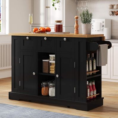 DRIXNO Mobiler Küchentisch 132cm, Landhausstil, Klappbar, mit Steckdose & USB