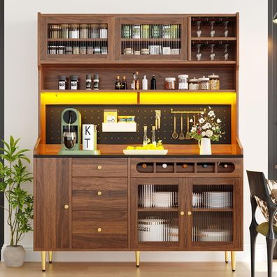 DRIXNO Hochschrank mit Arbeitsplatte, LED, Weinregal & Glasaufhängung, Walnuss