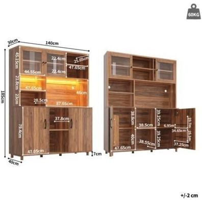 FammyLoft Küchenbuffet mit LED-Beleuchtung, Retro-Stil, Walnussfarbe