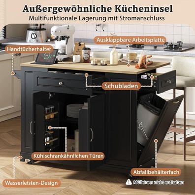 Lahoomu Kücheninsel mit Rollen, ausziehbarer Essbereich