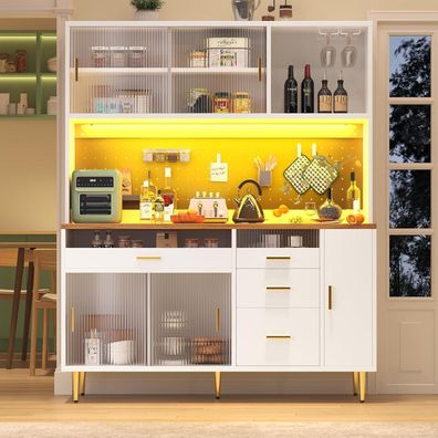 DRIXNO Küchenschrank mit LED-Beleuchtung, Vitrinenschrank mit Arbeitsplatte und