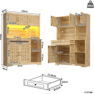 FammyLoft Küchenschrank Buffetschrank mit LED-Beleuchtung, 120x40x180cm, Natur