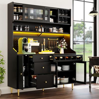 DRIXNO Hochschrank mit LED-Beleuchtung, Arbeitsplatte, Weinregal und
