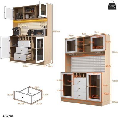 Ojjxh Küchenschrank Hochschrank mit LED, Arbeitsplatte, Weinregal und