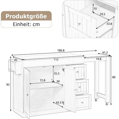 Huayz Küchenwagen mit ausziehbarer Arbeitsplatte, 3 Schubladen und Rollen
