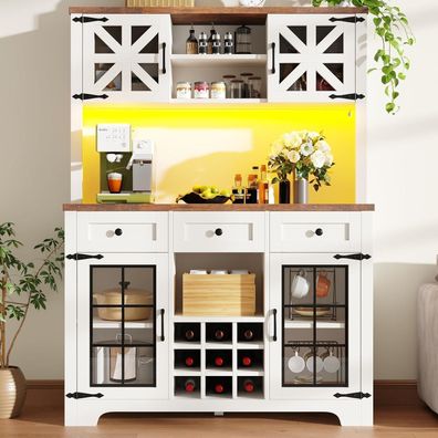 DRIXNO Küchenschrank Hochschrank mit LED Beleuchtung, Schubladen, Weinregal