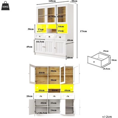 FammyLoft Küchenschrank Hochschrank mit LED-Beleuchtung, verstellbare Ablagen
