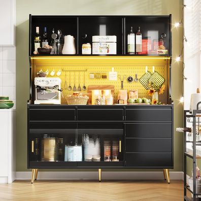 DRIXNO Hochschrank mit LED Beleuchtung, 145x39x171cm, Schwarz Modell 3