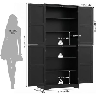 HOCSOK Küchenschrank 180 cm Hochschrank mit 4 Türen, Schwarz - Vielseitig