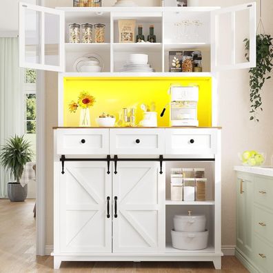 Lahoomu Küchenschrank Hochschrank mit LED-Beleuchtung, 105x38.4x180cm, Weiß