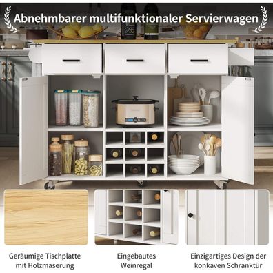 DRIXNO Küchenwagen mit Arbeitsplatte, Handtuchhalter und Gewürzregal, Weiß