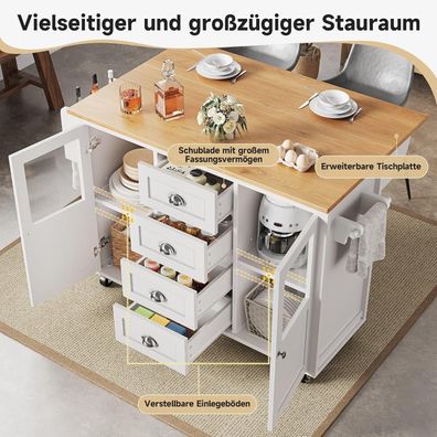 Lahoomu Kücheninsel Küchenschrank Buffetschrank 137.9x73x92.5cm Weiß mit Rollen