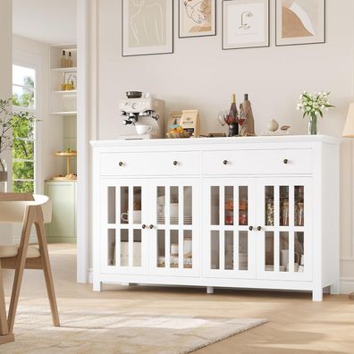FirFurd Sideboard 140cm Weiß mit 4 Glastüren und 2 Schubladen - Vielseitig für