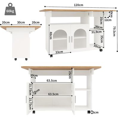 FammyLoft Kücheninsel mit klappbarer Arbeitsplatte, 120cm, Weiß - Mobil