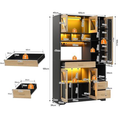 Huayz Buffetschrank mit Steckdosen, LED-Lichtleisten, 5 Türen, 3 Schubladen