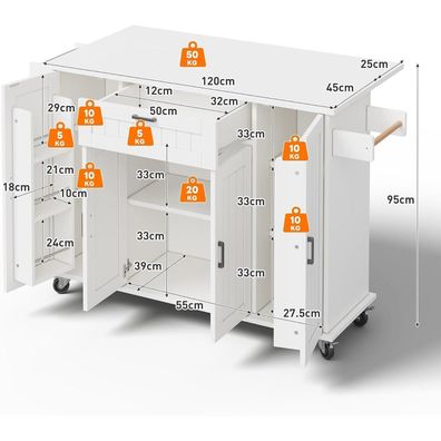 FammyLoft Kücheninsel mit klappbarer Arbeitsplatte, 120cm, Weiß