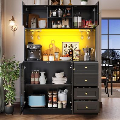 DRIXNO Küchenschrank mit LED-Beleuchtung, 4 Türen, Sideboard für Küche