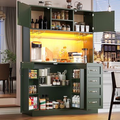 DRIXNO Küchenschrank mit LED-Beleuchtung, 4 Türen und Schubladen, Grün