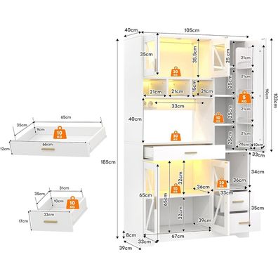 Ojjxh Küchenschrank Hochschrank mit LED & Steckdosen, Sideboard im