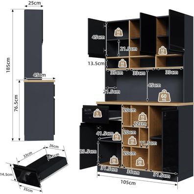 DRIXNO Moderner Küchenschrank Buffet Sideboard 105x45x185 cm Hochglanz Schwarz