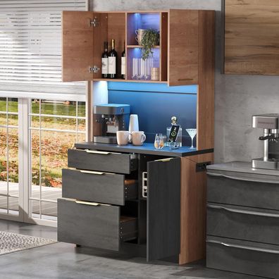 DRIXNO Küchenschrank 100x40x180 cm mit LED-Beleuchtung, Sideboard Schwarz Stil 5