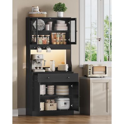 Kimenich Küchenschrank mit Arbeitsfläche, LED, Steckdose, Glasvitrinen und
