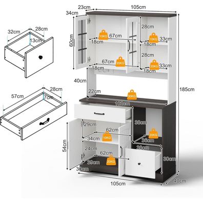 Huayz Küchenschrank Buffetschrank mit LED, Steckdosenleiste, 2 Schubladen, 4