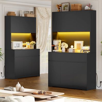 FirFurd Küchenbuffetschrank mit LED & Steckdose, 180x100x38,5cm, schwarz