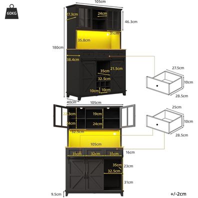 Oslghy Küchenschrank Hochschrank mit LED, Schiebetür, Weinregal und 3