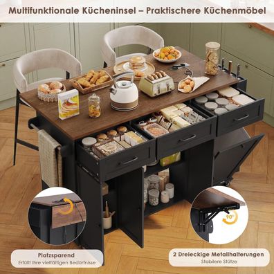 FirFurd Kücheninsel mit Rollen, Steckdosenleiste, Messerblock, klappbarer