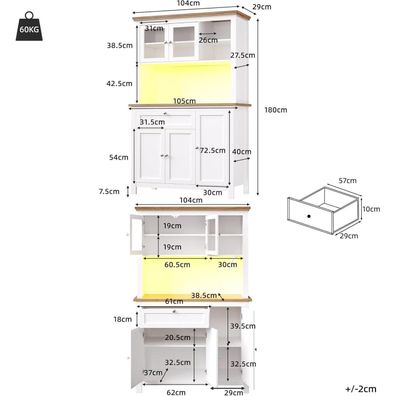 Oslghy Küchenschrank Hochschrank mit LED, 2 Glastüren, 3 Türen, 1 Schublade