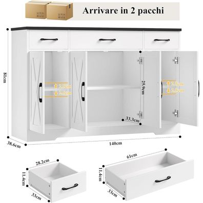 HOCSOK Sideboard 140 cm Breit: Küchenschrank mit 3 Schubladen und 4 Türen, Weiß