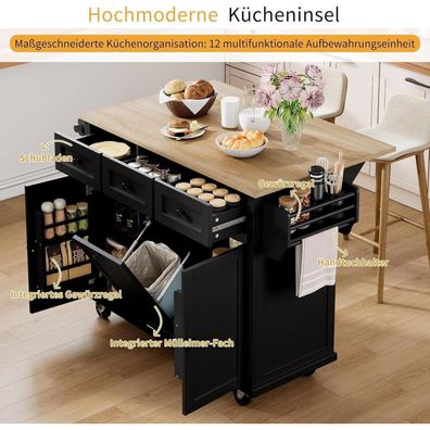 Lahoomu Kücheninsel mit Rollen, ausziehbarer Essbereich, Abfallfach und