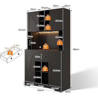 Huayz Küchenbuffetschrank mit Steckdosen, LED-Licht, Weinregal, Arbeitsplatte