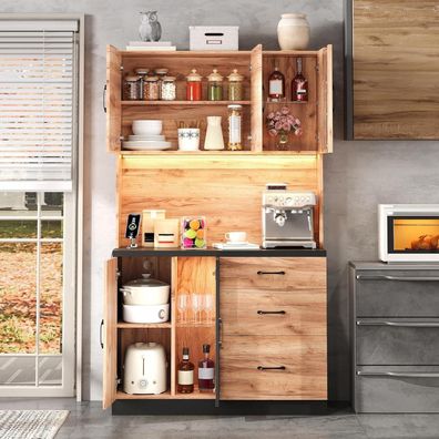 DRIXNO Küchenschrank Buffetschrank mit LED-Beleuchtung, 105x40x180 cm, Schwarz