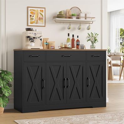 HOCSOK Sideboard 140 cm Breit: Küchenschrank mit 3 Schubladen und 4 Türen für