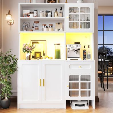 DRIXNO Küchenschrank mit Glastüren und LED-Beleuchtung, 130x45x180 cm, Weiß