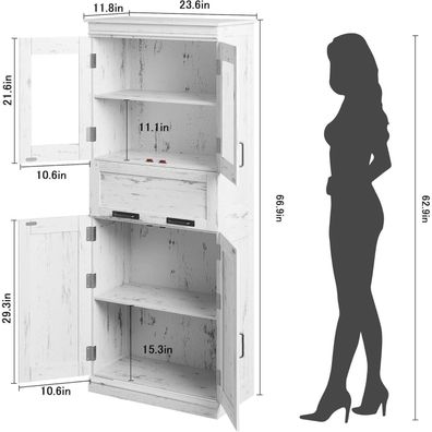 Opulenthome 170 cm Hochschrank Weiß mit 2 Holztüren, 2 Glastüren, 1 Schublade