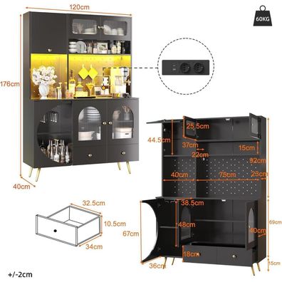Küchenschrank Hochschrank mit LED, Arbeitsplatte, USB & Steckdosen, Weinregal