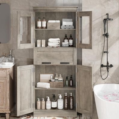 Opulenthome 170 cm Küchenschrank Grau mit 2 Holz- & 2 Glastüren, 4 Fächer