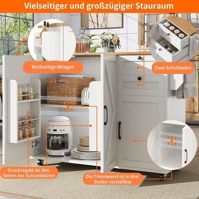 Lahoomu Kücheninsel & Buffetschrank auf Rollen, multifunktionaler Esstisch mit