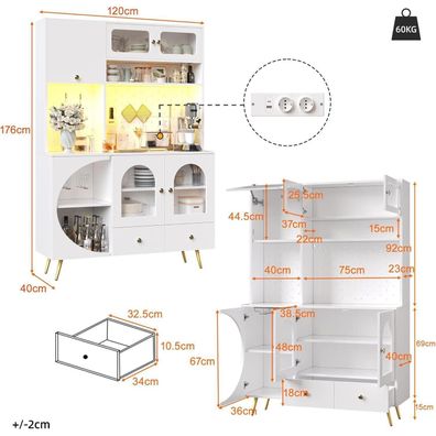 Küchenschrank Hochschrank mit LED, Arbeitsplatte, USB & Steckdosen, Weinregal
