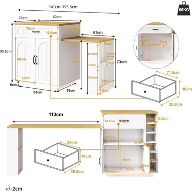 Moimhear Kücheninsel mit Ausziehtisch, 2 Schubladen, 4 Türen - Weiß + Holzfarbe